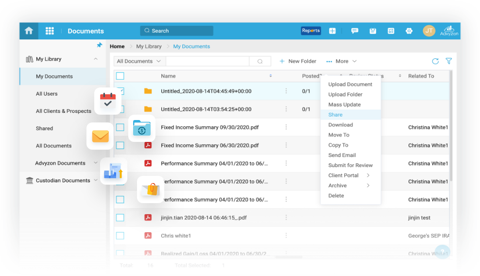 Advyzon document management provides a secure vault for document storage and exchange between advisors, prospects, and clients.